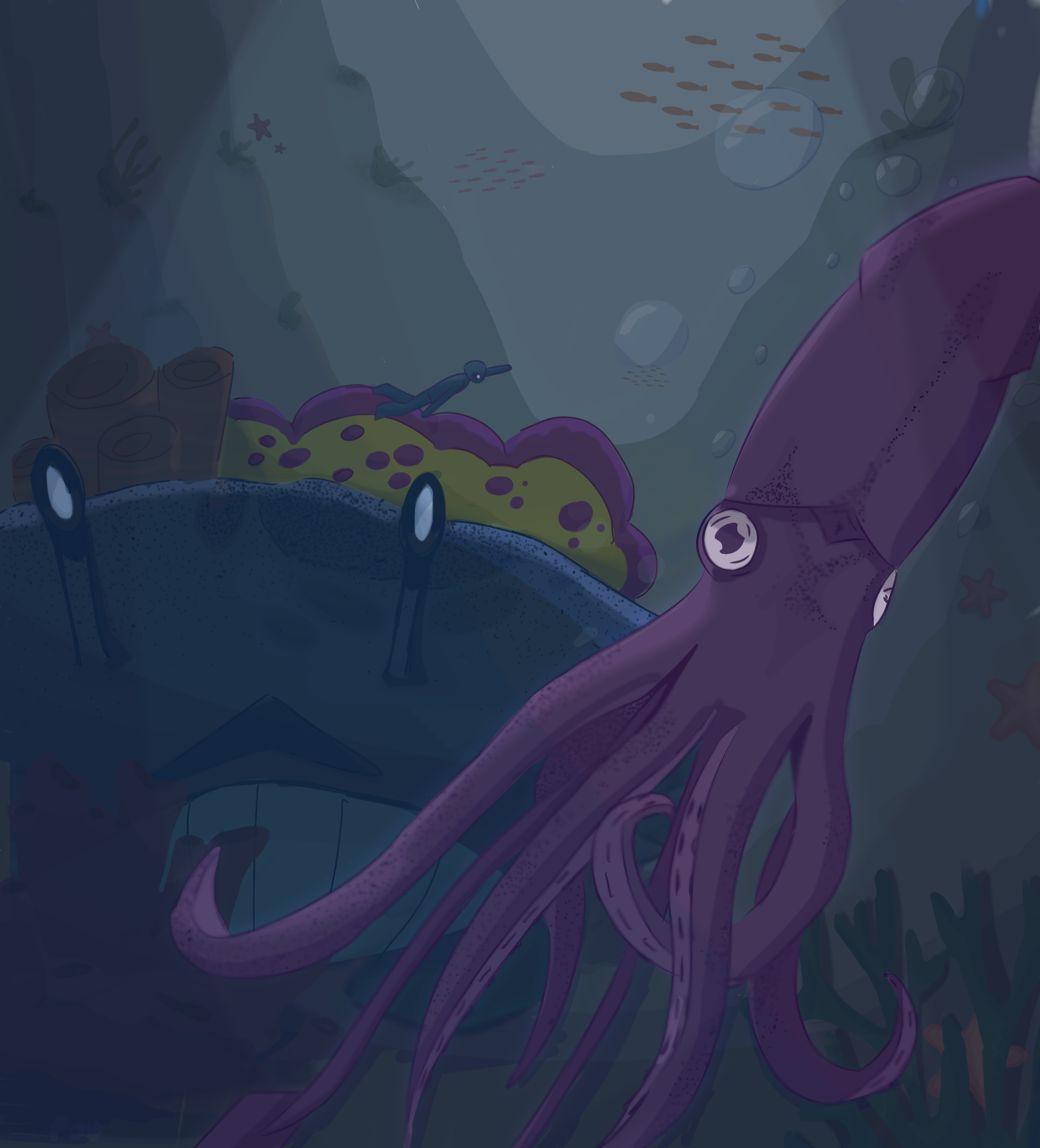A squid and a crab in a dark ocean